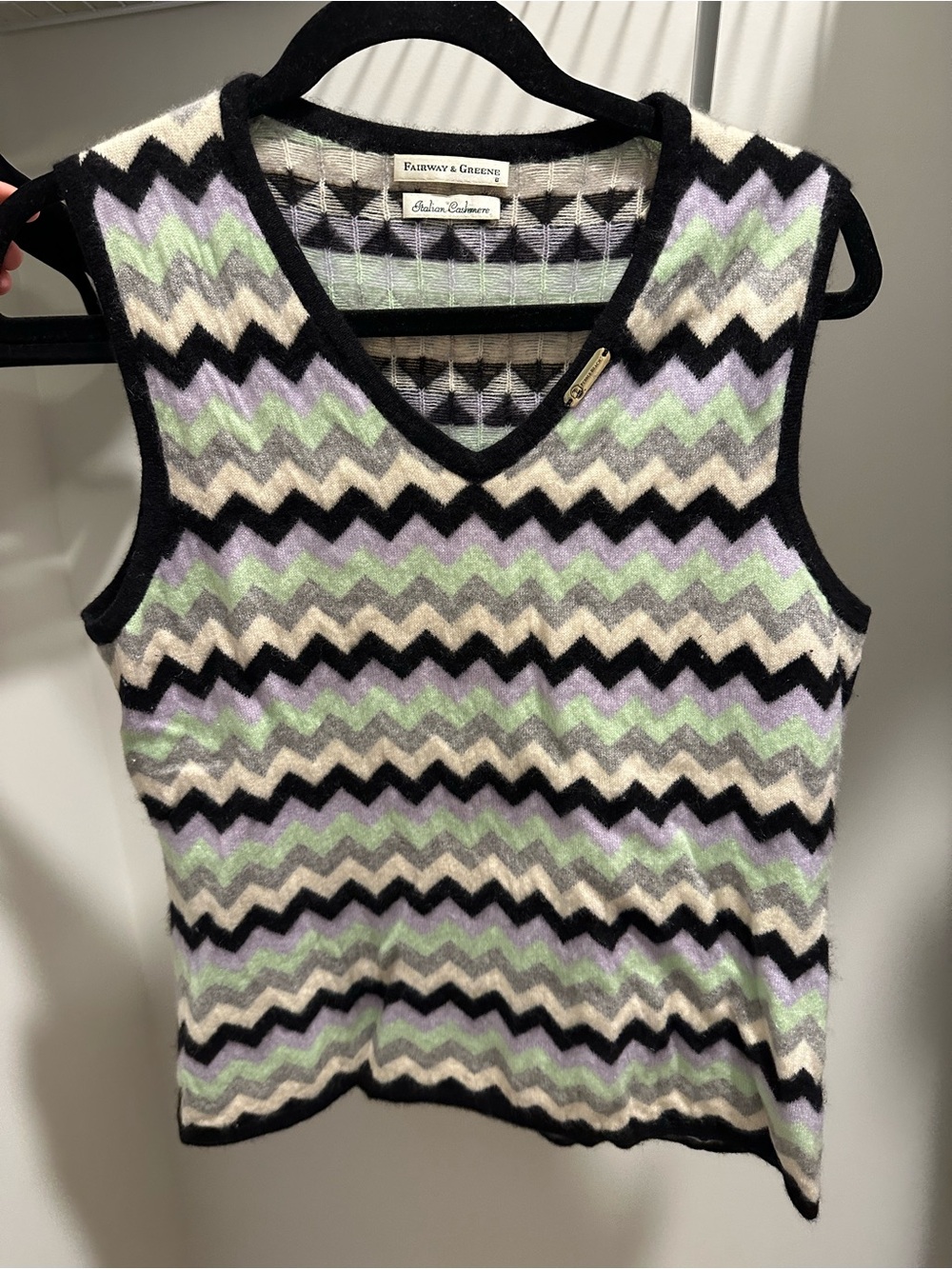 Fairway & Greene Pastel Green Lavender Black Geometric Cashmere Sweater Vest